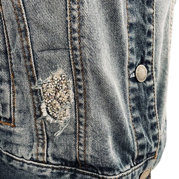 Juicy Couture XS Rhinestone Distressed Denim Jacket Y2K Bling Glam Grunge - Picture 13 of 13